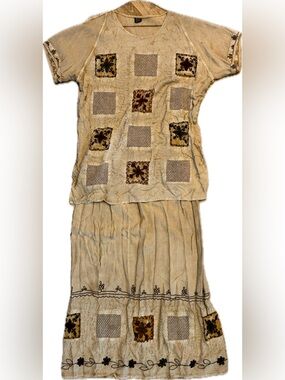 Embroidered tan Two-Piece Top & Skirt Set